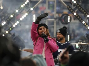 Singer Alessia Cara performs during the first period intermission during the Heritage Classic between the Toronto Maple Leafs and the Buffalo Sabres at Tim Hortons Field on March 13, in Hamilton, Ontario. Cara will perform at this year's Bluewater Borderfest in Sarnia.