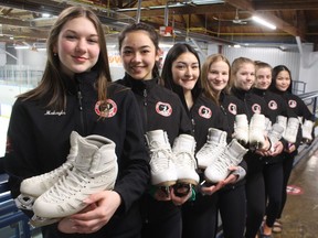 The Point Edward Skating Club is sending seven skaters to the Ontario Provincial Championships this month. From left, Makayla Hachey, Lin Core, Asia Dang-Hill, Peyton Bishop, Catherine Easter, Kathleen Downes and Amina Nguyen.