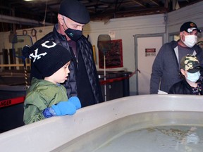 Mike Denomme and grandson Benjamin Deloof, 4, from Sarnia check out the Bluewater Anglers' hatchery open house on Saturday, March 19, 2022 in Point Edward, Ont. Terry Bridge/Sarnia Observer/Postmedia Network