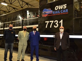 OWS Rail Car representatives, from left, operations manager Derek Littleton, vice-president Jason Carriere and president Milad Mansour stand with Sarnia-Lambton MPP Bob Bailey.