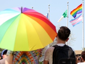 PrideFest is planned July 15-17 in Sarnia's Centennial Park. People are pictured in this 2019 file photo at a flag-raising ceremony for Pride Month in Sarnia.