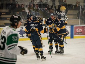 The Spruce Grove Saints celebrate a goal against the Drayton Valley Thunder. Photo submitted By Aaron Grimaldi. Absent Light Photography.