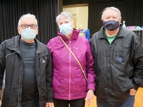 Art and Bev Surette, on the left, and Mat Weber, on the right, were among the 39 residents of 195 Lisgar Avenue, Tillsonburg, taken to the town's emergency shelter (Lions Auditorium) Tuesday morning after a fire in their apartment building.  (Chris Abbott/Norfolk and Tillsonburg News)