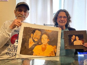 Aime Giroux and Suzanne Pharand show off a painting their grandson Justin created from a 1980 photo of the couple as a present for their 50th wedding anniversary. Facebook photo