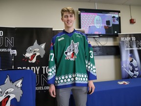 Sudbury Wolves goaltender Jonathan Lemaire models a special jersey that was unveiled at a press conference at the Sudbury Community Arena on Monday March 7, 2022. John Lappa/Sudbury Star/Postmedia Network