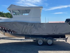 Sherri Lavigne had a first with her design business: her illustration of a menacing shark wrapped on the hull of a boat in Sudbury. It was for Outlaw Boats in Lively. Supplied
