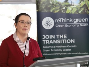 Rebecca Danard, executive director of reThink Green, makes a point at a FedNor funding announcement in Sudbury, Ont. on Thursday March 10, 2022. FedNor is investing more than $774,000 in reThink Green to support the expansion of the organization's Green Economy North initiative across Northeastern Ontario. John Lappa/Sudbury Star/Postmedia Network