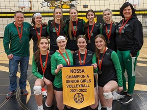 Members of the NOSSA-champion senior girls volleyball team from Ecole secondaire catholique l'Horizon are (back row, from left) Patrick Gervais (coach), Hannah Kirwan, Breanna Lemaire, Paige Cornthwaite, Shae St. Onge, Annie Simon and Lynn Mageau-Gauthier (assistant coach), (front row) Manon Charbonneau, Mackenzie Selk, Zoe St-Jean and Fannie Gauthier. Supplied