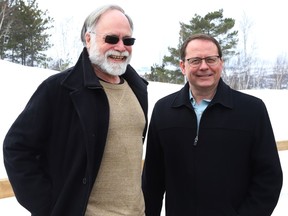 Sudbury Green Party candidate David Robinson, left, met with Ontario Green Party leader Mike Schreiner in Sudbury, Ont. on Wednesday March 16, 2022. John Lappa/Sudbury Star/Postmedia Network