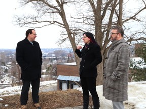 Ontario Green Party leader Mike Schreiner, left, met with Dr. Nadia Mykytczuk, interim CEO and president of MIRARCO, and Jeff MacIntyre, of Marketing Hounds, while in Sudbury on Wednesday.