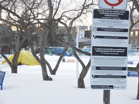 The city has posted a sign on the edge of Memorial Park indicating a cleanup will occur on April 1 and any property on site -- including the tents and belongings of homeless people -- will be removed. Jim Moodie/Sudbury Star