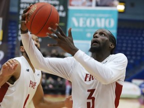 Jason Calliste of the Sudbury Five heads for the basket during a basketball game against the London Lightning at the Sudbury Community Arena in Sudbury, Ont. Thursday, March 17, 2022. John Lappa/Sudbury Star/Postmedia Network