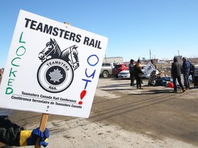 Teamsters Rail Local 308 picket at the Douglas Street entrance To CP Rail in Sudbury, Ont. on Monday March 21, 2022.