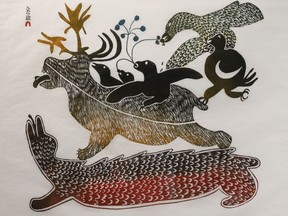 The Art Gallery of Sudbury's new exhibition features 60 prints by 27 Inuit artists titled First Sign of Spring: Inuit Prints from the Collections 1959 – 1970 and includes works by Kenojuak Ashevak, Pitseolak Ashoona, Lucy Qinnuayuak, Kananginak Pootoogook, and Helen Kalvak. Supplied