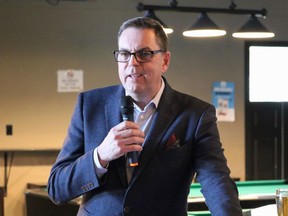 Timmins Chamber President Rob Knox speaks at an event held at The Surge Sports Lounge on Thursday afternoon, where this year's Nova Awards finalists were formally announced, along with an unveiling of a rebranded shop local campaign.

ANDREW AUTIO/The Daily Press