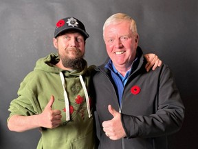 Retired General Rick Hillier, right, in a recent meeting in North Bay with Jess Larochelle of Restoule. Hiller is one of many high ranking veterans who is making the case that Larochelle should be awarded Canada's Victoria Cross for his act of bravery that saved the lives of his platoon members in a firefight with the Taliban in Afghanistan in 2006.

Submitted Photo