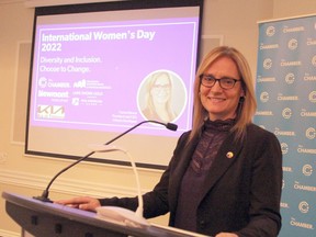 Corina Moore, the president and CEO of Ontario Northland Transportation Commission, was the keynote speaker of a Timmins Chamber-hosted celebration of International Women's Day 2022 at the Porcupine Dante Club on Wednesday.

RON GRECH/The Daily Press
