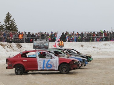 Vehicles are lined up in the first of two heats held during a demolition derby on Saturday as part of the Iroquois Falls winter carnival.

RON GRECH/The Daily Press