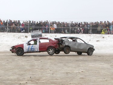 The last two vehicles in the first heat of Saturday's demolition derby in Iroquois Falls ram into each other.

RON GRECH/The Daily Press