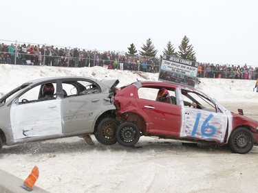 Jessie Cramer, in the red car, finishes off his final opponent, Calob Marshall, by ramming his vehicle into a snowbank during the demolition derby held Saturday as part of the Iroquois Falls winter carnival. Cramer was declared the winner of the first heat and was awarded the Ed McKnight Memorial trophy.

RON GRECH/The Daily Press