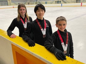 Teya Meredith, left, Ethan Xiao and Will Josling of the Chatham Skating Club have qualified for the 2022 Skate Ontario provincial championships. (Contributed Photo)