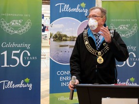 Tillsonburg Mayor Stephen Molnar speaks at a special 150th anniversary cake-cutting ceremony last Wednesday. (Chris Abbott/Norfolk and Tillsonburg News)