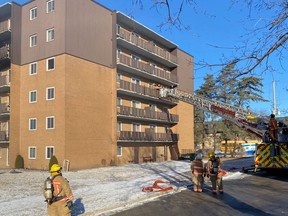 Tillsonburg Fire and Rescue Services used its ladder truck to rescue people from their balconies Tuesday morning after a fire at 195 Lisgar Avenue.  (Sumbitted)