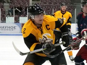 The Tillsonburg Thunder opened WOSHL semifinals last weekend with two wins over Strathroy. Thunder captain Mike Findlay assisted on Tillsonburg's first-ever WOSHL playoff goal Friday night by Zac McQuade. (File Photo)