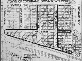 This is a map of the downtown area of Cochrane, showing the preliminary area that has ben designate for a possible future revitalization program. Businesses inside the bordered region will pay a special surtax which will be collected by the town and handed over to the Business Improvement Area Board, if and when the board if formed.
