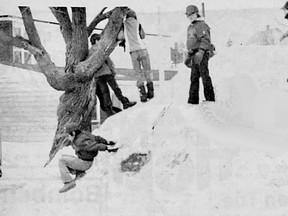 The mid-term March break came to an end and students dragged themselves back to school. Here some boys are shown indulging in a few minutes of fun on the snow back before school began. This picture was taken outside Cochrane Senior Public School.