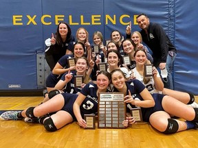 The Ursuline Lancers celebrate their five-set win over the CKSS Golden Hawks in the LKSSAA 'AAA' senior girls' volleyball final at Chatham-Kent Secondary School in Chatham, Ont., on Friday, March 4, 2022. (Contributed Photo)