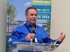 Richard DeSouza, a Toyota spokesperson, speaks during the launch of the captial fundraising campaign for Woodstock's South Gate Centre. (Submitted photo)