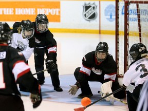 The Kilsyth Young Guns' Haleigh Weppler, No. 33, tries to sneak a shot past Big River Crusader goaltender Michelle Kennedy in the first half of the Kilsyth and Big River A-side bronze medal game at the 2018 Juvenile Broomball Canadian National Championships in Owen Sound, April 7, 2018. Four years later, the Young Guns are in Arnprior this weekend competing at the provincial championships. Greg Cowan/The Sun Times