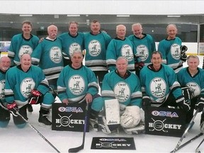 The Owen Sound Flounders, winners of the 2022 Ontario Senior Games Invitational 65+ hockey tournament in Peterborough. 

Back row, from left to right: Glenn Aishford, Marcus Stone, Larry Clapperton, Jack Gillespie, Jerry Beaver, Wayne Gibbons, Bruce Ahrens, Al Nesbitt, Larry Cumming.

Front row, from left to right: Terry Craig, Bill Playford, Mark Kazarian, Brian Publuske, Rob Cordell, Mel Platter, Bob Stroud.