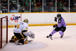 Cedrick Guindon interrumpe al portero Anson Thornton en el primer tiempo cuando el Owen Sound Attack presenta el Sarnia Sting para Hockey Fights Cancer Night en apoyo de la Canadian Cancer Society el sábado 26 de marzo de 2022 en Bayshore en Owen Sound. Greg Cowan/The Sun Times