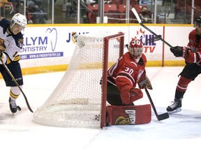 Carey Terrance has the puck roll off his stick as he attempts a lacrosse-style scoop and score in the second period while the Owen Sound Attack host the Erie Otters at the Harry Lumley Bayshore Community Centre on Sunday, March 20, 2022. Greg Cowan/The Sun Times