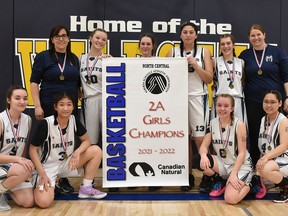 (Back, l-r) Coach Janelle Garnier, Daira Knapp, Taylor Feist, MaKayla Wolf Tail, Bree Garnier and Coach Jessica Brown and (front, l-r) Patricia Sheppard, Reyna Santos, Isabelle Davio and Elijah Supat form École St. Joseph School's "little team that could."