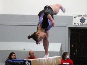 Well-balanced
Precision Gymnastics gymnast Carly Letourneau warms up on the balance beam Saturday prior to her performance at the Wetaskiwin Drill Hall where the local gymnastics club played host to the Trials to Westerns for Optionals Level 8-10 and Aspire this past weekend.
Christina Max