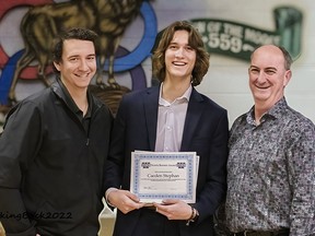 Wetaskiwin Icemen head coach Brayden Harris (left) and president Garry Bushnell presented Caeden Stephan with the Norris Bernier Scholarship during the Icemen's awards banquet March 19 at the Moose Hall.
Heather Anderson