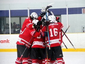 Team NOHA celebrates a 4-2 win over Don Mills Flyers at the 2022 OHL Cup in Toronto.