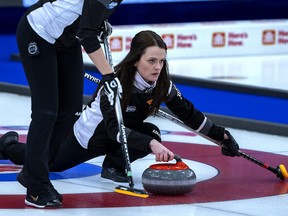 Wild Card 1 skip Tracy Fleury delivers a rock as they play Northern Ontario at the Scotties Tournament of Hearts at Fort William Gardens in Thunder Bay, Ont., Thursday, Feb. 3, 2022.