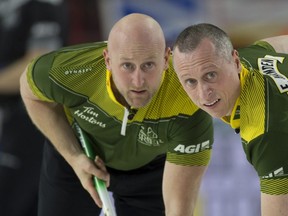 Team Northern Ontario front end (L-R) lead Ryan Harnden, and 2nd.E.J.Harnden during draw 6 of the 2022 Tim Hortons Brier. Ryan will join Team Dunstone as the lead for the start of the next curling season.