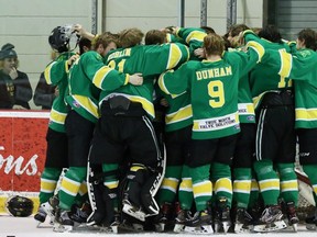 The Sherwood Park Knights were in the need of a group hug after a tough set of circumstances at last week’s provincials saw them fall short of the podium. Photo courtesy Target Photography