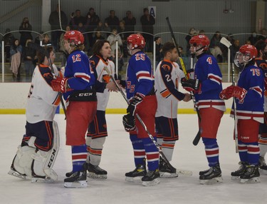 Clarence and South Grenville players and coaches shake hands at the end of the 2021-2022 Jr. C championships.
Tim Ruhnke/The Recorder and Times