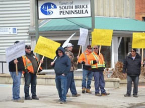 South Bruce Peninsula outside workers, who are part of the Service Employees International Union Local 2 picket outside town hall on Monday, April 4, 2022, after the town locked out the employees.