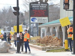 South Bruce Peninsula outside workers, who are part of the Service Employees International Union Local 2 picket outside town hall on Monday, April 4, 2022, after the town locked out the employees.