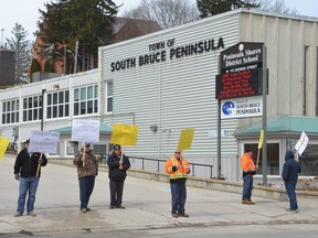 South Bruce Peninsula outside workers, who are part of the Service Employees International Union Local 2 picket outside town hall on Monday, April 4, 2022, after the town locked out the employees.