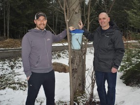 Sap Run founder Jared Dupuis, left, with Powassan Mayor Peter McIsaac, are looking to get the run back to an in-person event after this year. Rocco Frangione Photo