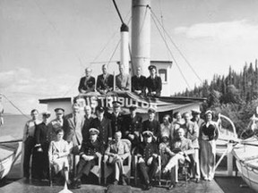 •	Canadian Governor General Lord Tweedsmuir (John Buchan) and party aboard Hudson’s Bay Company steamer S.S. Distributor during the Governor General’s 1937 journey to the Arctic Circle. Eight countries comprise land within Circle: Norway, Sweden, Finland, Russia, United States (Alaska), Canada (Yukon, Northwest Territories, and Nunavut), Denmark (Greenland), and Iceland (where it passes through small offshore island of Grimsey) – Arctic Circle/Britannica).
               Photograph from Postal History Corner