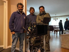 Sajimon Prabhakar (associate director), Rajeesh Raman (associate camera person), and director Mahesh Narayanan on set of an episode for a Netflix series that was filmed throughout the Fort Saskatchewan area. Photo courtesy Ken Nemetchek.